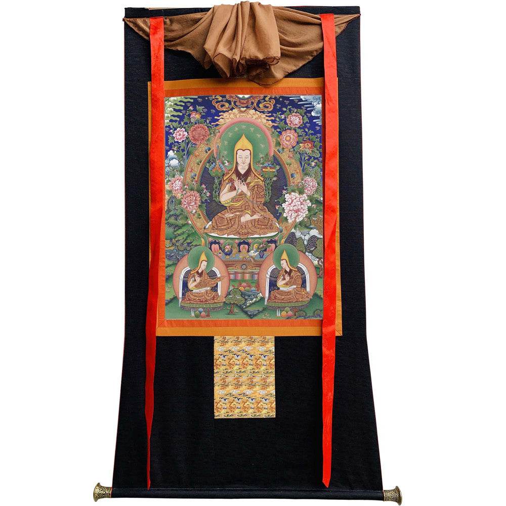 Tsongkhapa and His 2 Disciples - Tibetan thangka painting, view 8