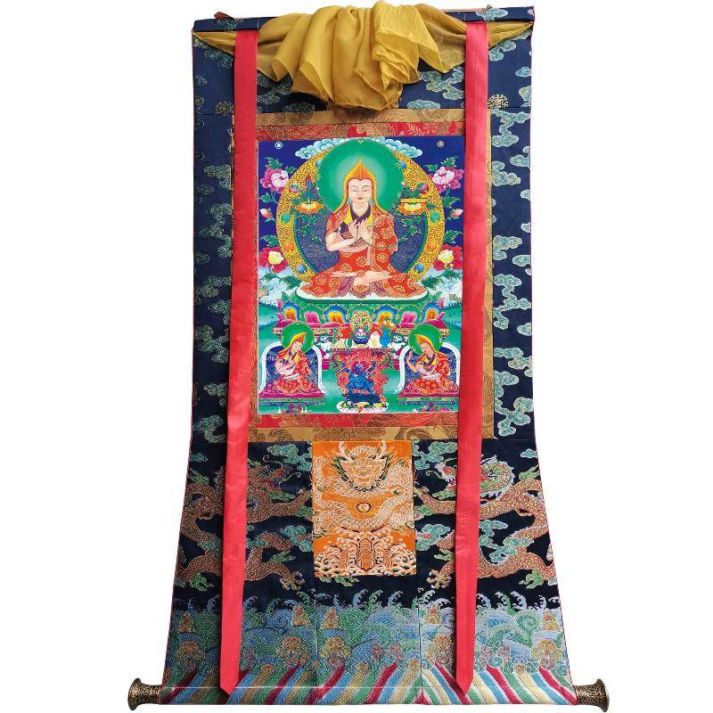 Tsongkhapa and His 2 Disciples - Tibetan thangka painting, view 9