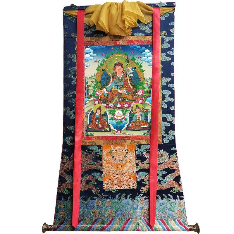 Padmasambhava - Guru Rinpoche with King Trisong Detsen & Shantarakshita - Tibetan thangka painting, size reference