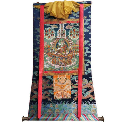 Padmasambhava - Guru Rinpoche on Refuge Tree - Tibetan thangka painting, size reference