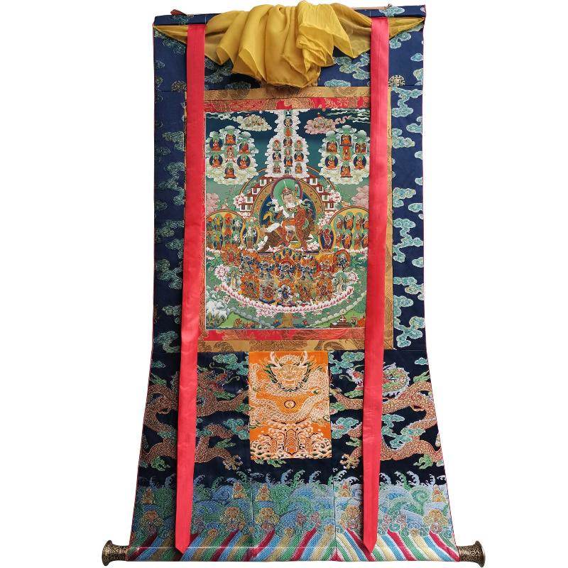 Padmasambhava - Guru Rinpoche on Refuge Tree - Tibetan thangka painting, size reference