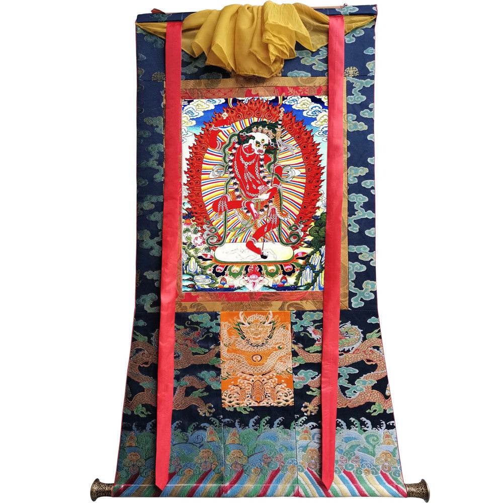 Lion-faced Dakini - Simhamukha - -Simhavaktra -Longsal Sengmar - Image - Tibetan thangka painting, size reference