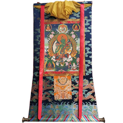 Green Tara Image - Tibetan thangka painting, size reference