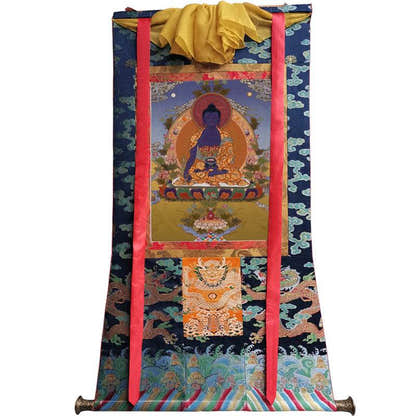 Bhaisajyaguru - Medicine Buddha Image - Tibetan thangka painting, size reference