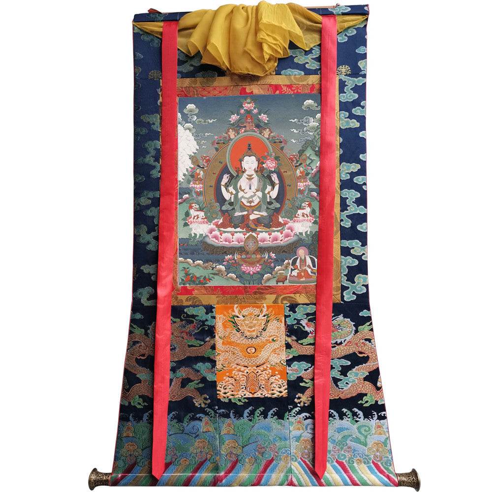 Chenrezig Image - Tibetan thangka painting, size reference