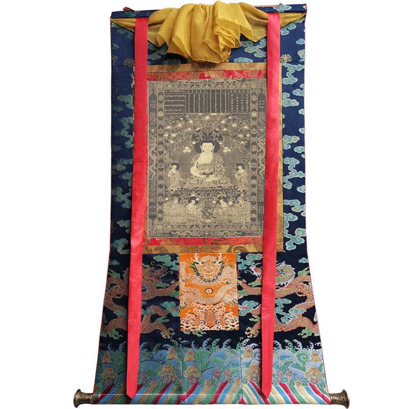 Krakucchanda Buddha Image - Tibetan thangka painting, size reference