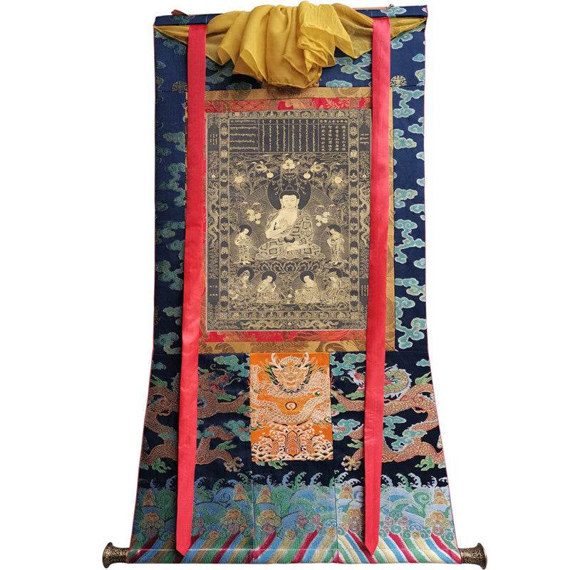Kanakamuni Buddha Image - Tibetan thangka painting, size reference