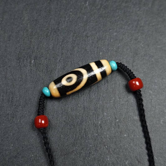 Antique 2 Eyes Dzi Bead Necklace - Tibetan Buddhist bead necklace, front view