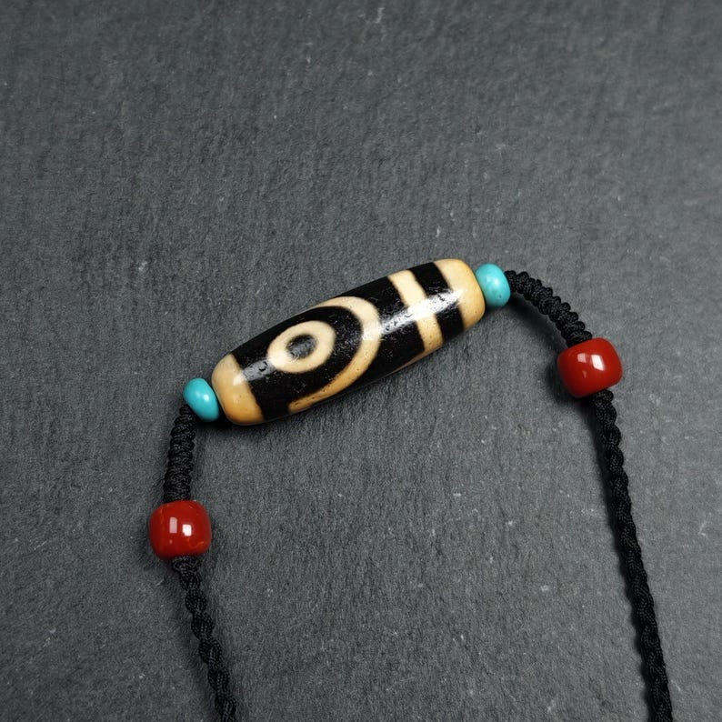 Antique 2 Eyes Dzi Bead Necklace - Tibetan Buddhist bead necklace, front view
