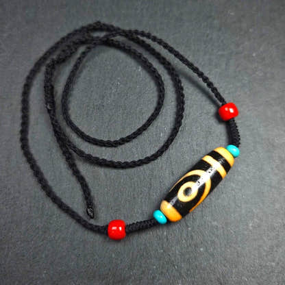 Antique 2 Eyes Dzi Bead Necklace - Tibetan Buddhist bead necklace, detailed view