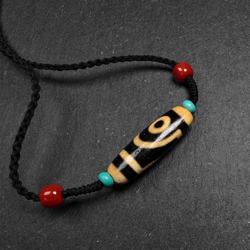 Antique 2 Eyes Dzi Bead Necklace - Tibetan Buddhist bead necklace, close-up detail