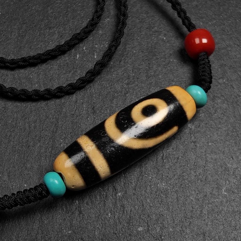 Antique 2 Eyes Dzi Bead Necklace - Tibetan Buddhist bead necklace, view 5