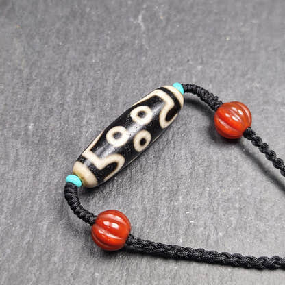 Antique 7 Eyes Dzi Bead Necklace - Tibetan Buddhist bead necklace, close-up detail