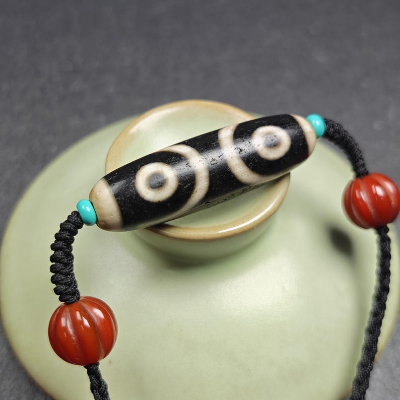 Antique 7 Eyes Dzi Bead Necklace - Tibetan Buddhist bead necklace, view 6