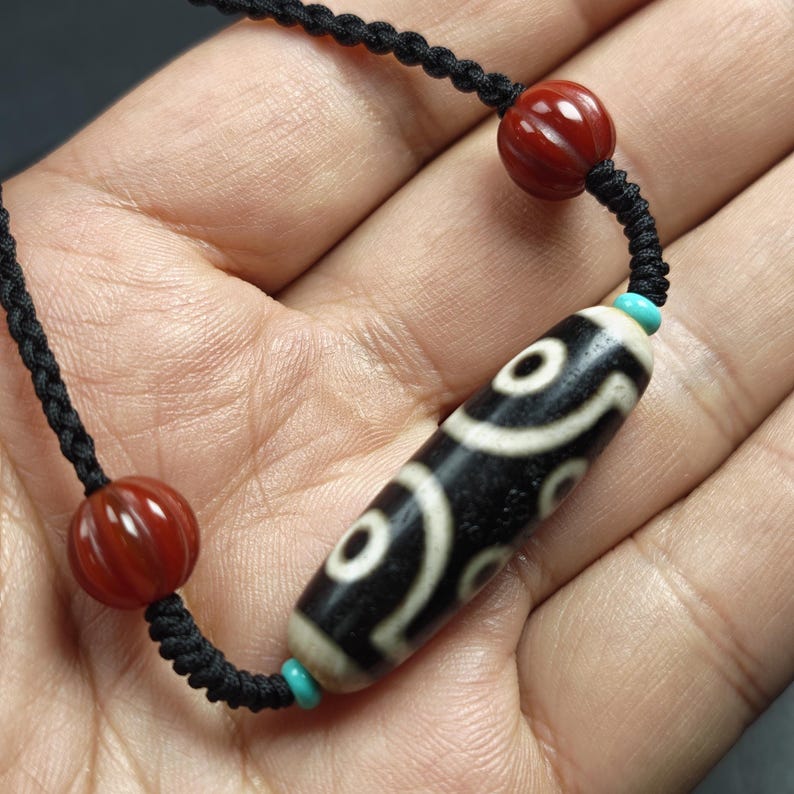 Antique 7 Eyes Dzi Bead Necklace - Tibetan Buddhist bead necklace, view 9