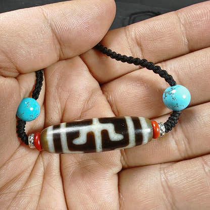 Antique Tibetan Guru Rinpoche Ritual Dzi Necklace - Tibetan Buddhist bead necklace, close-up detail