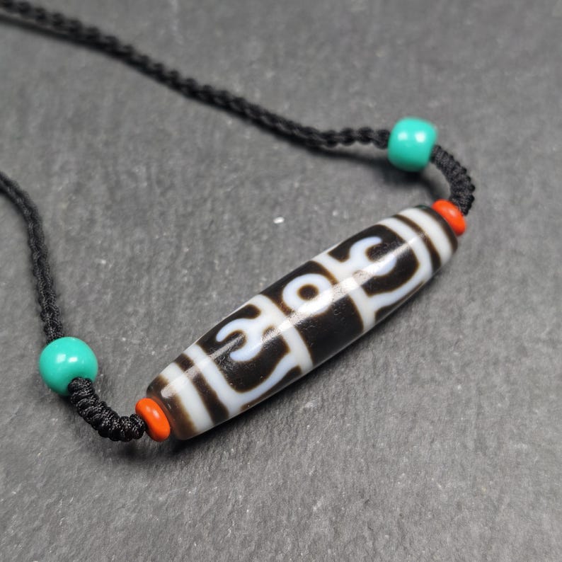 Vajra Dzi Bead Necklace - Tibetan Buddhist bead necklace, detailed view