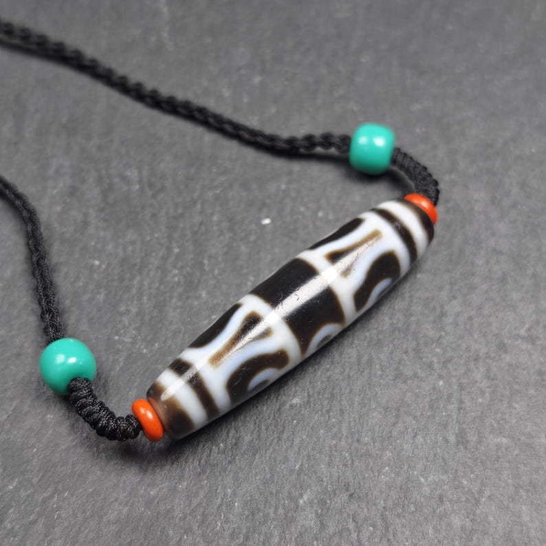 Vajra Dzi Bead Necklace - Tibetan Buddhist bead necklace, close-up detail