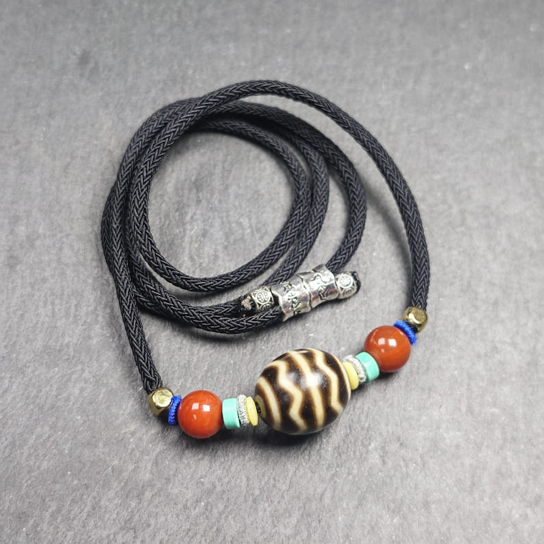 Authentic Dalo Dzi Bead Necklace - Round Wave Dzi - Tibetan Buddhist bead necklace, view 5