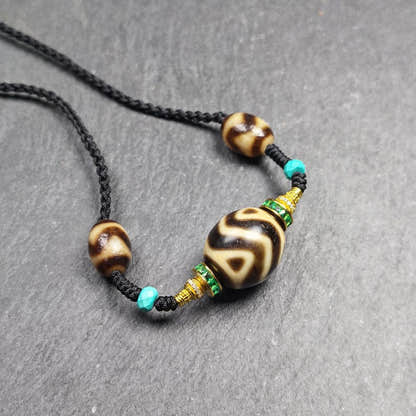 Dalo Dzi Bead Necklace - Round Wave Dzi + Tiger Tooth Dzi - Tibetan Buddhist bead necklace, view 4