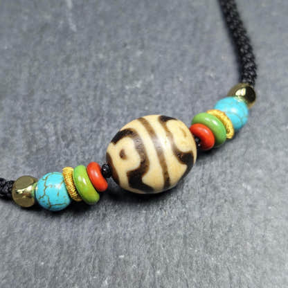 Authentic Dzi Bead Necklace - Lotus Dalo Dzi Pendant 18*15mm - Tibetan Buddhist bead necklace, front view