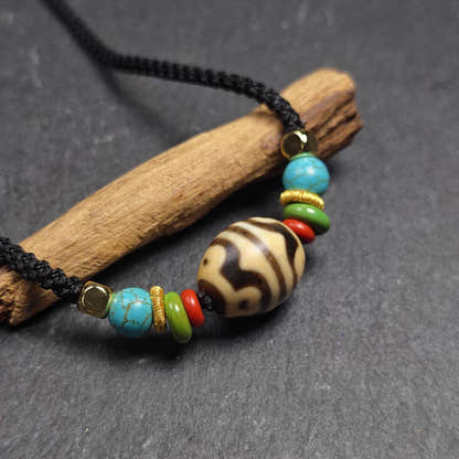 Authentic Dzi Bead Necklace - Lotus Dalo Dzi Pendant 18*15mm - Tibetan Buddhist bead necklace, detailed view