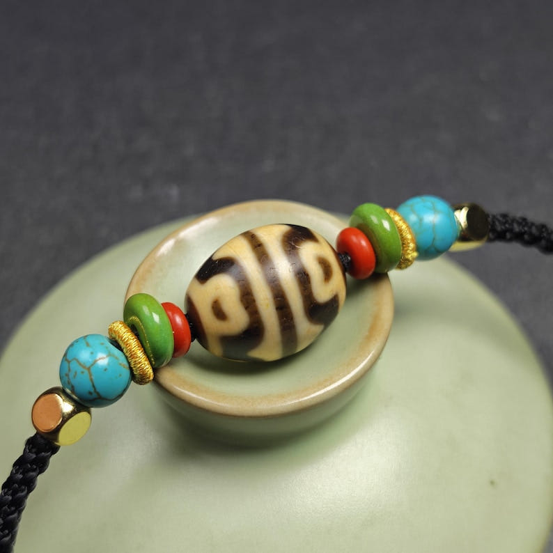 Authentic Dzi Bead Necklace - Lotus Dalo Dzi Pendant 18*15mm - Tibetan Buddhist bead necklace, view 5
