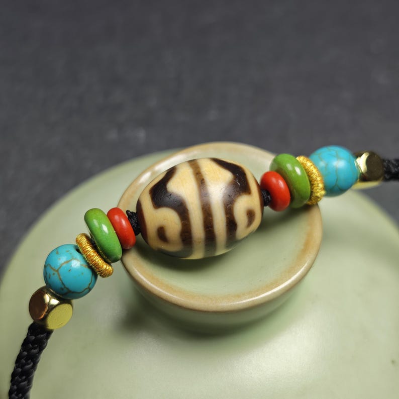 Authentic Dzi Bead Necklace - Lotus Dalo Dzi Pendant 18*15mm - Tibetan Buddhist bead necklace, view 6