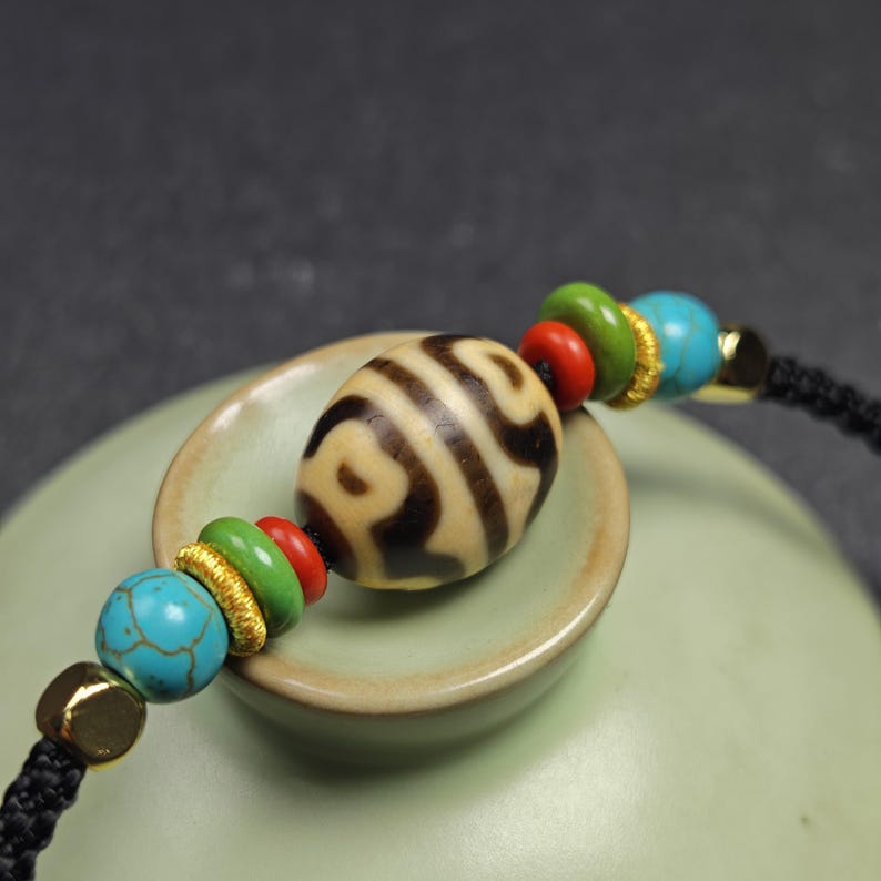 Authentic Dzi Bead Necklace - Lotus Dalo Dzi Pendant 18*15mm - Tibetan Buddhist bead necklace, view 7