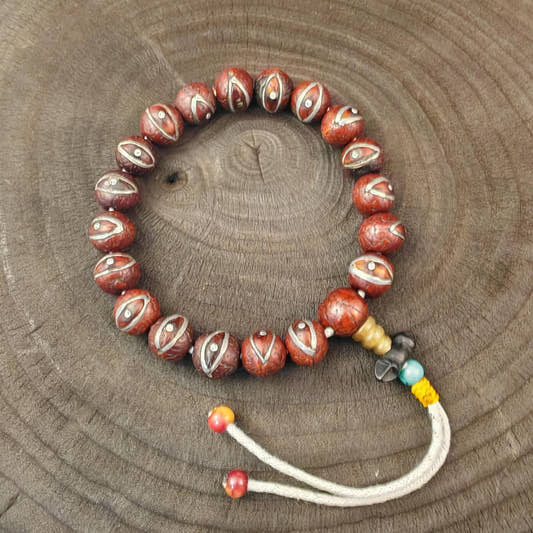 Inlaid Bodhi Seed Hand Hold Wrist Mala - Decades Old - Tibetan Buddhist mala beads, front view