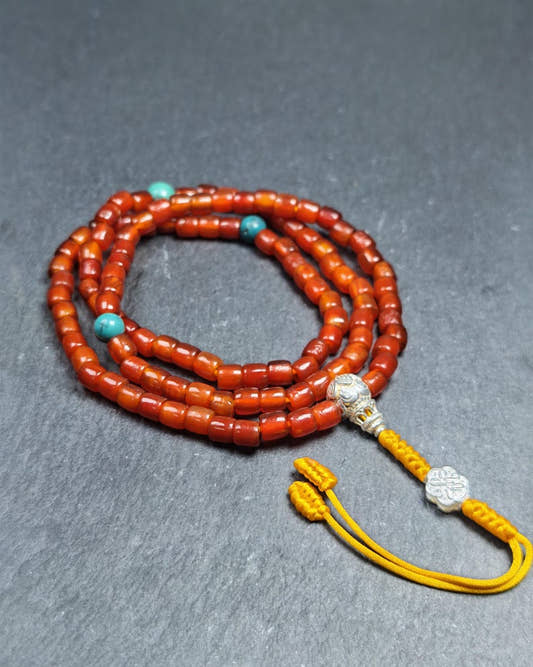 Authentic Old 6mm Pure Agate Necklace Mala - 32cm stretched - Tibetan Buddhist mala beads, front view