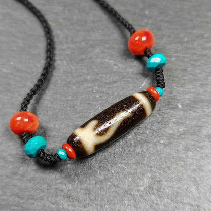 Authentic Ruyi Dzi Necklace - Tibetan Buddhist bead necklace, close-up detail
