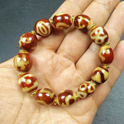 Authentic Tibetan Fire Agate Dzi Beads Wrist Mala - 14 - Tibetan Buddhist mala beads, view 5