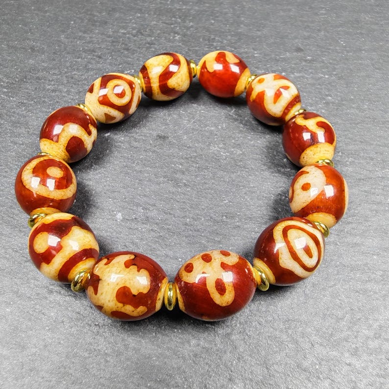 Authentic Tibetan Fire Agate Dzi Beads Wrist Mala - 14 - Tibetan Buddhist mala beads, view 7