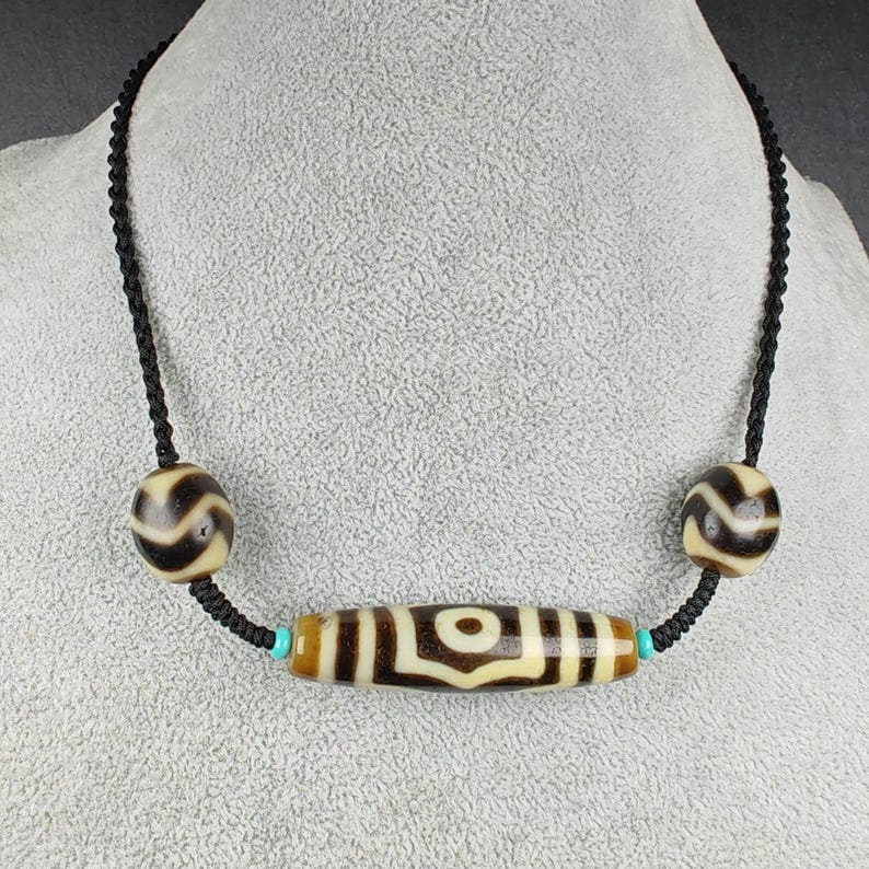 3 Eyes Dzi + Wave Dzi Beads Amulet - Tibetan Buddhist bead necklace, view 4