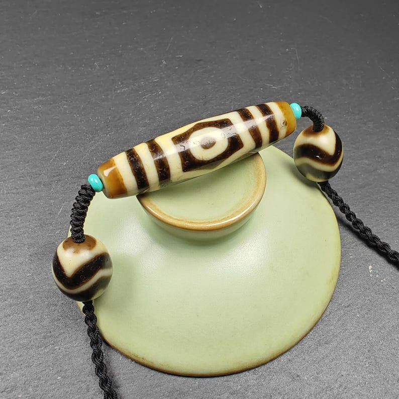 3 Eyes Dzi + Wave Dzi Beads Amulet - Tibetan Buddhist bead necklace, view 6