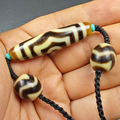 3 Eyes Dzi + Wave Dzi Beads Amulet - Tibetan Buddhist bead necklace, view 7