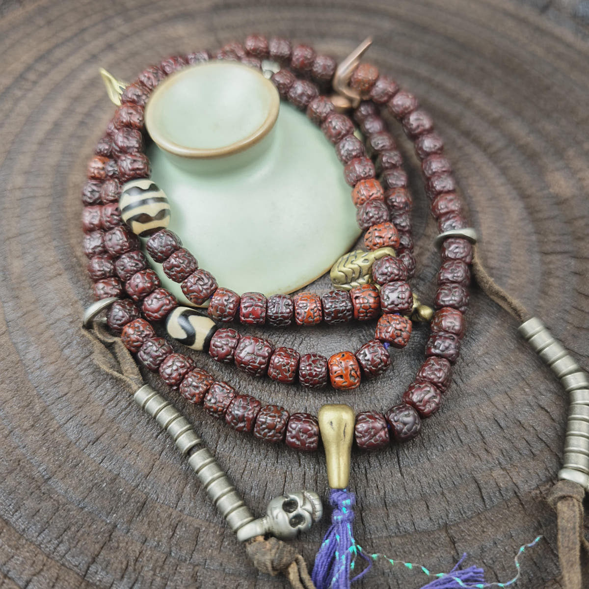 Authentic Tibetan Rosary, Old 8mm 108 Rudraksha Mala Necklace,Prayer Beads with Unique Mix of Treasures,38cm Streched