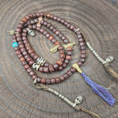 Authentic Tibetan Rosary, Old 8mm 108 Rudraksha Mala Necklace,Prayer Beads with Unique Mix of Treasures,38cm Streched
