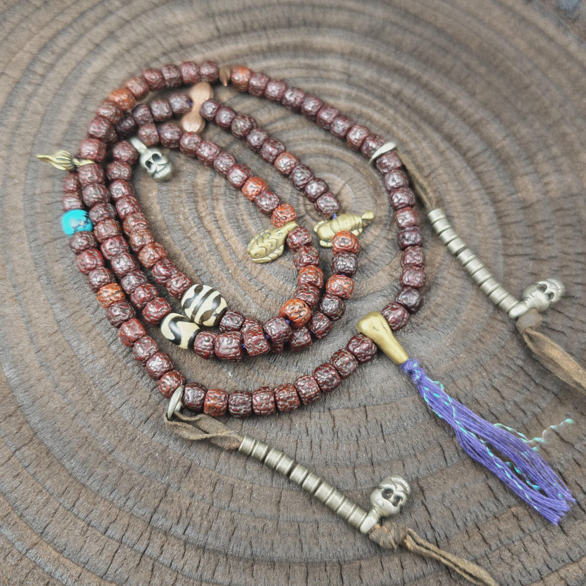 Authentic Tibetan Rosary, Old 8mm 108 Rudraksha Mala Necklace,Prayer Beads with Unique Mix of Treasures,38cm Streched
