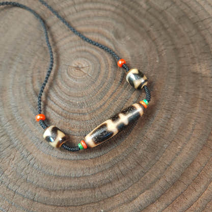 Authentic Tibetan Treasure Vase Dzi Bead Necklace Decades Old - Tibetan Buddhist bead necklace, front view