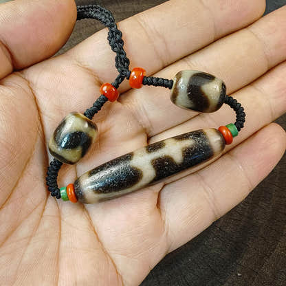 Authentic Tibetan Treasure Vase Dzi Bead Necklace Decades Old - Tibetan Buddhist bead necklace, detailed view