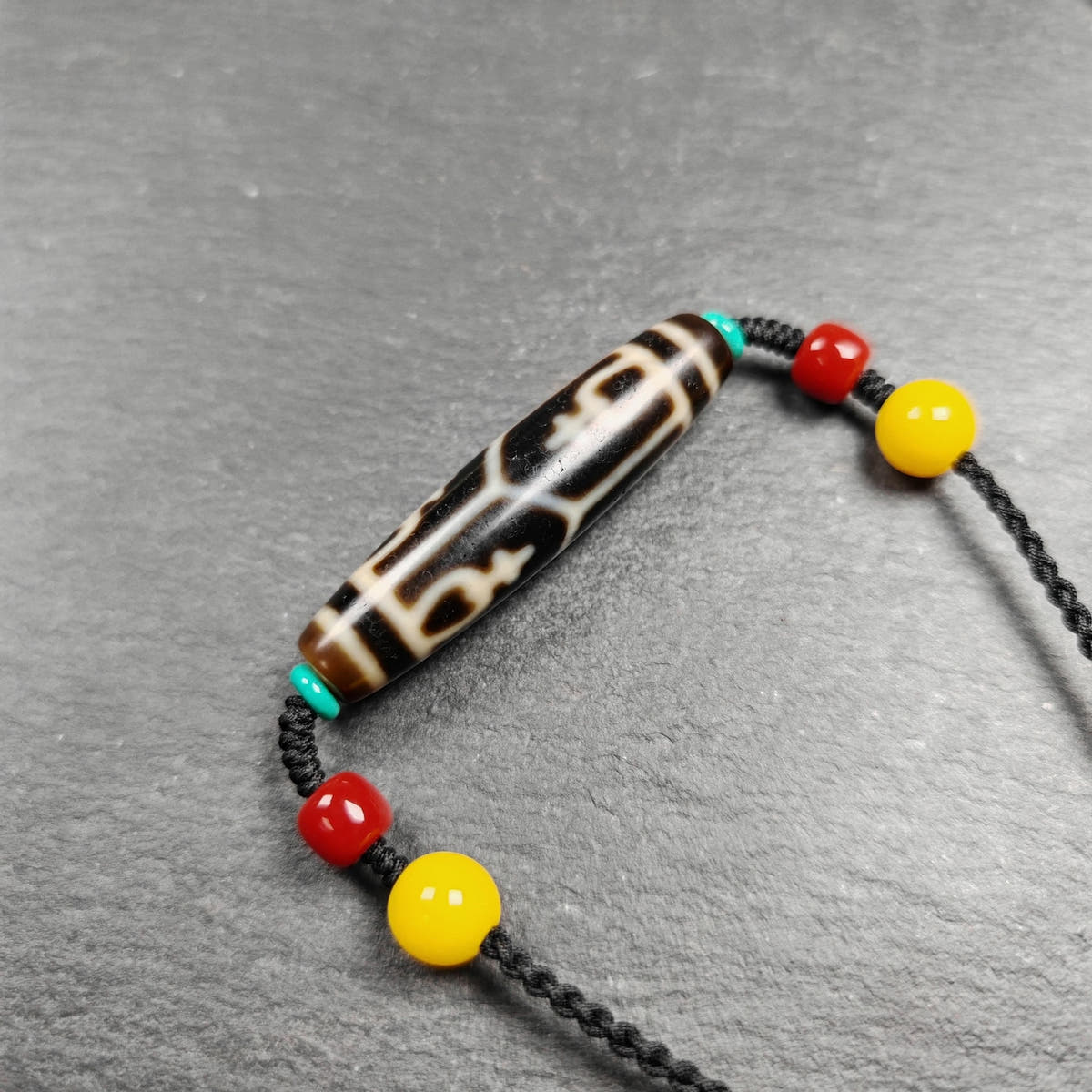 Authentic Tibetan Treasure Vase Dzi Bead Necklace 30 Years Old - Tibetan Buddhist bead necklace, front view