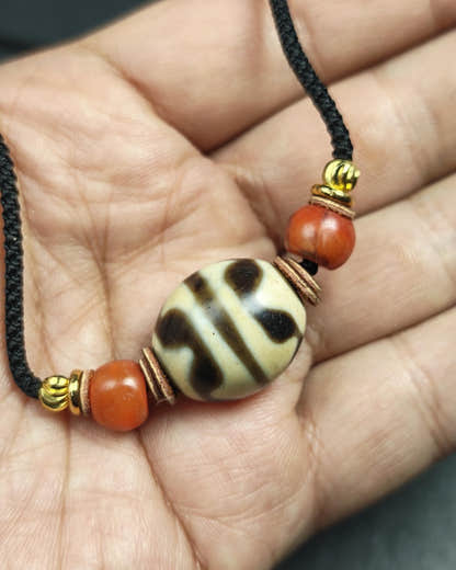 Authentic Tiger Tooth Darlo Dzi Choker - Tibetan Dzi Short Necklace - Tibetan Buddhist bead necklace, close-up detail