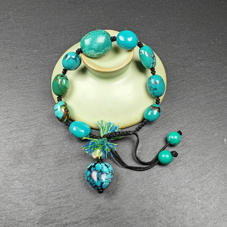 Authentic Turquoise Wrist Mala Bracelet - Old Tibetan Rosary Prayer Beads - 12mm - Tibetan Buddhist mala beads, view 5