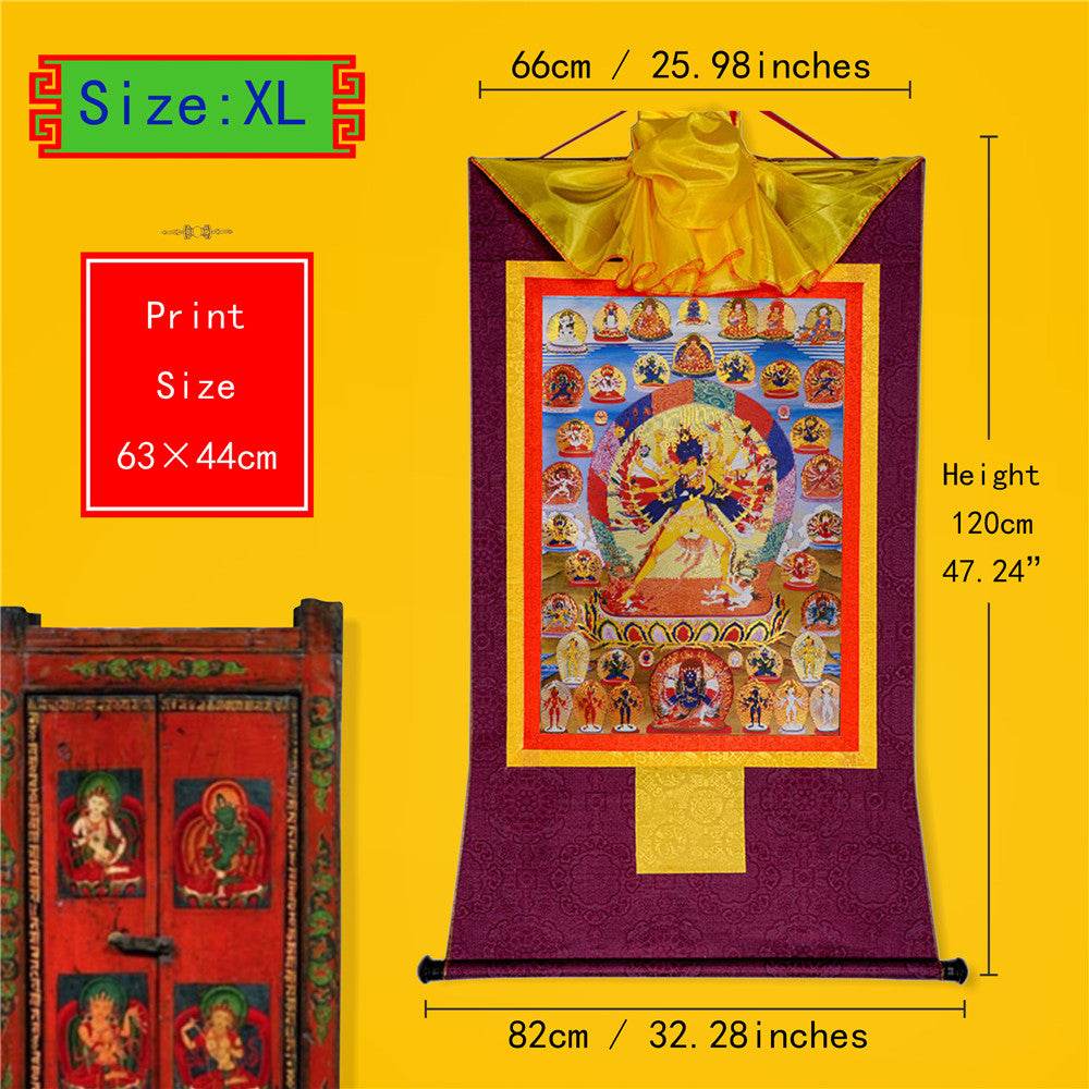 Kalacakra Vajrayogini in Yab Yum - Tibetan thangka painting, close-up detail