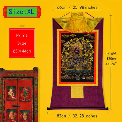 ནག་པོ་ཆེན་པོ། Six Armed Mahakala-Black Type - Tibetan thangka painting, close-up detail