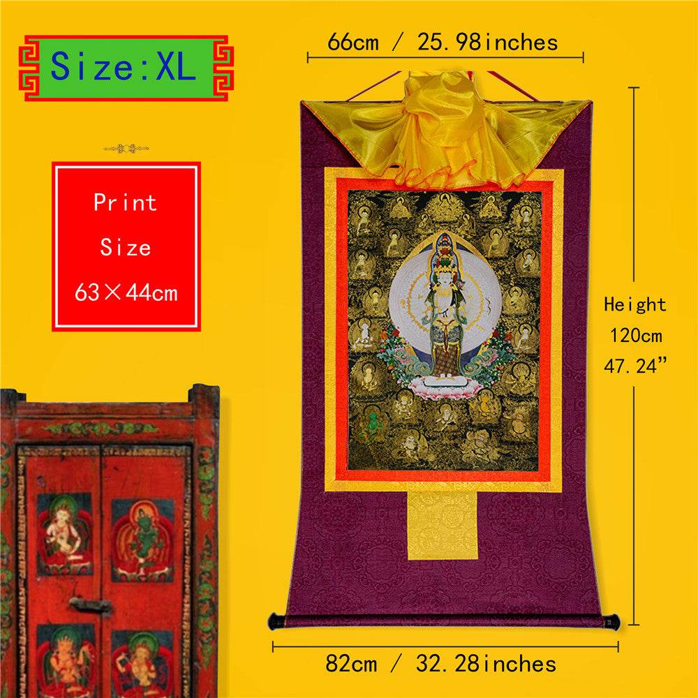 Avalokitesvara with Thousand Arms-Black Type - Tibetan thangka painting, close-up detail
