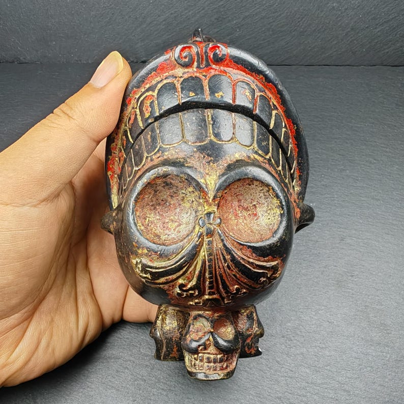 Copper Kapala Skull Cup Set - Tibetan Buddhist Offering Bowl - Ritual Implement  - Tibetan Buddhist art, detailed view