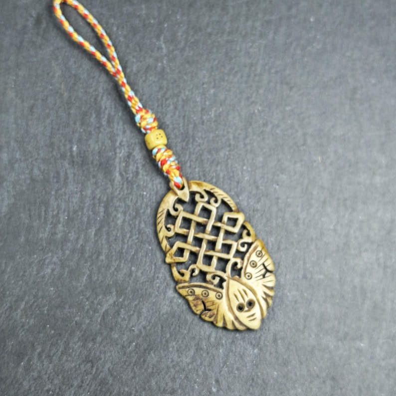 Eternal Knot Endless Knot with Butterfly Hand-carved Amulet - 58*33mm - Tibetan Buddhist amulet, detailed view